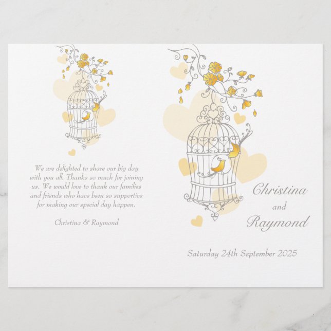 Bird cage yellow grey large Wedding programme (Front)