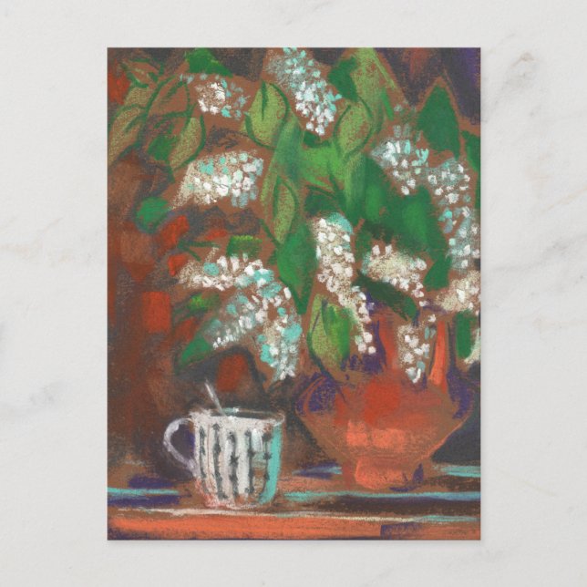 Bird Cherry Flowers Blossom Floral Pastel Painting Postcard (Front)