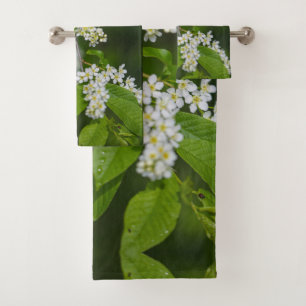Bird Cherry Tree Blossoms Flowers Green White Bath Towel Set