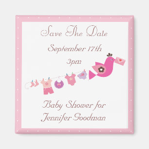 Bird & Clothesline Pink Save The Date Baby Shower Magnet