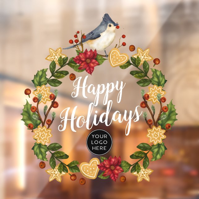 Bird Cookies Holly Business Logo Happy Holidays Wi Window Cling (Sheet 2)