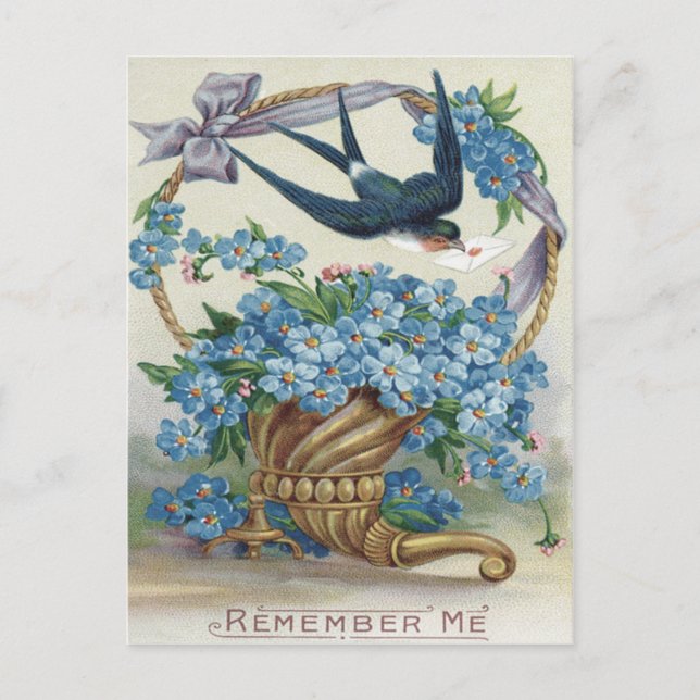Bird Cornucopia Forget-Me-Not Valentine Holiday Postcard (Front)