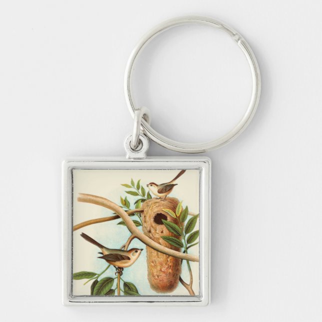 Bird Couple on a Nest Perched on a Branch Key Ring (Front)