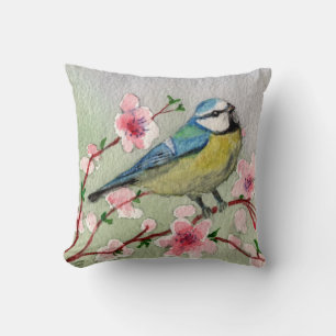 bird cushion and watercolor flowers