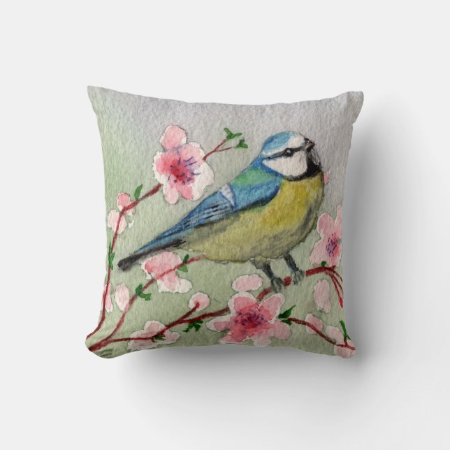 bird cushion and watercolor flowers (Front)