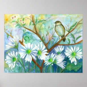 Bird Daisy Garden Nature Watercolor Painting Poster