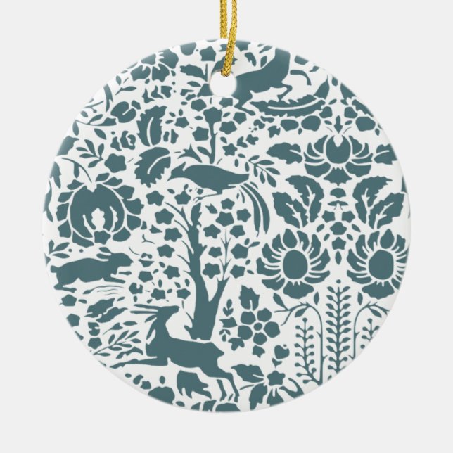 Bird, Deer, tree folk pattern Ceramic Tree Decoration (Front)
