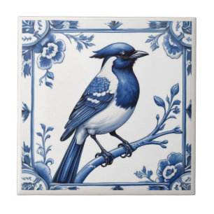 Bird Delft Blue and White Asian Floral Tile