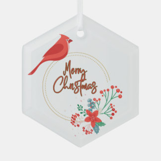 Bird design with flowers glass hexagon ornament