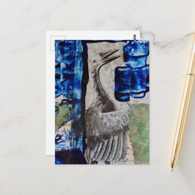 Bird Dino Blue Paint Mixed Media Collage Postcard (Front/Back In Situ)