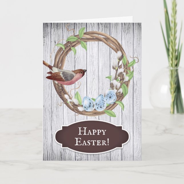 Bird, Eggs and Wreath on Barn Wood Happy Easter Holiday Card (Front)