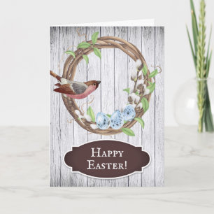 Bird, Eggs and Wreath on Barn Wood Happy Easter Holiday Card