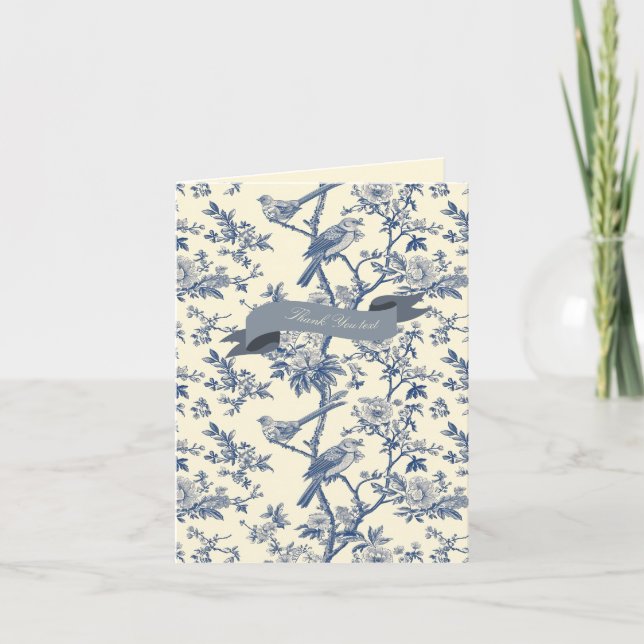 Bird Elegant Blue Toile Peony Floral Note Card (Front)