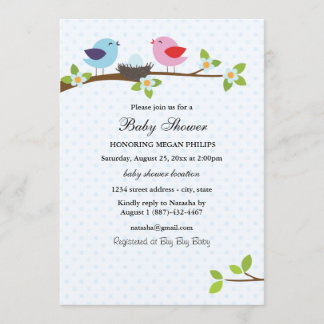 Bird Family Blue Baby Shower Invitation
