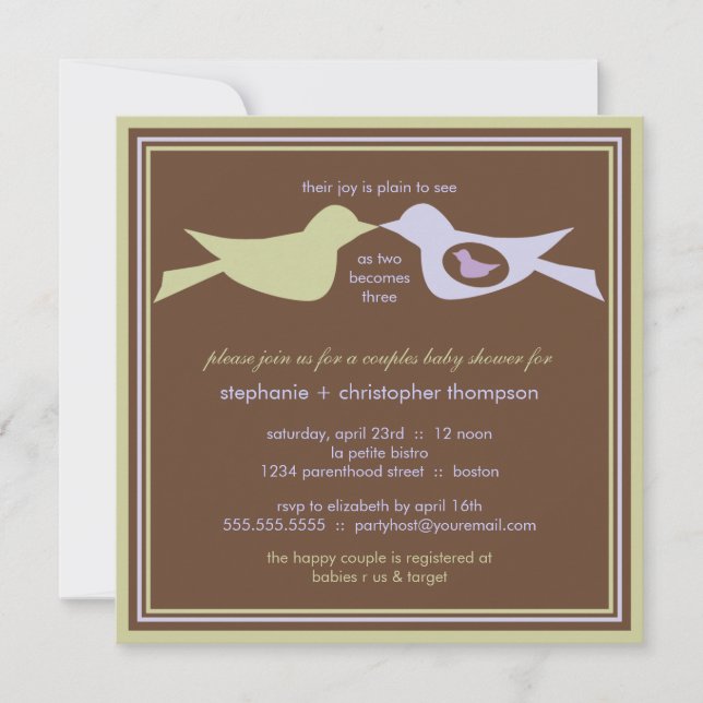 Bird Family Couples Baby Shower Lilac & Sage Invitation (Front)