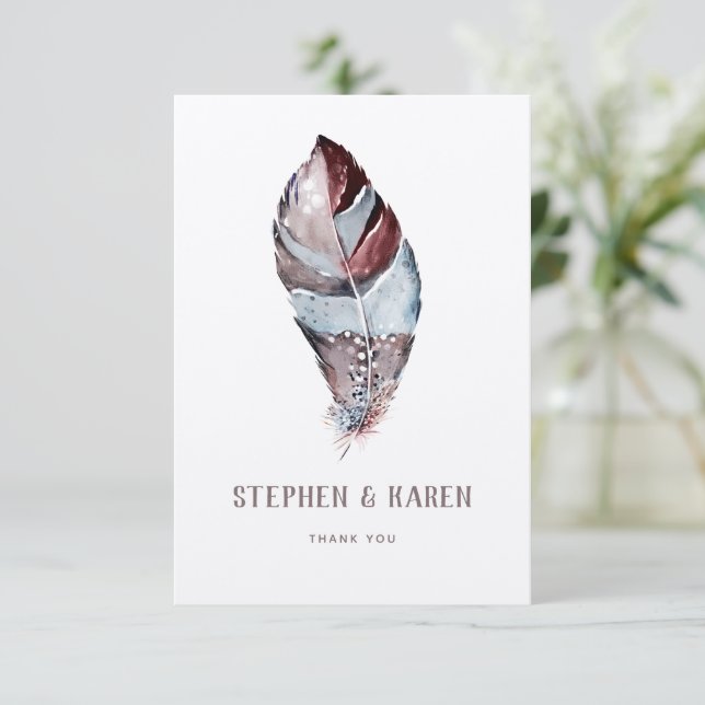 Bird Feather Elegant Wedding Watercolor Thank You Card (Standing Front)