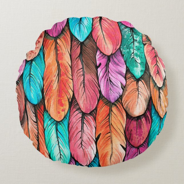 Bird feathers seamless pattern. Hand drawing water Round Cushion (Front)
