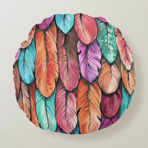 Bird feathers, watercolor, seamless pattern. round cushion