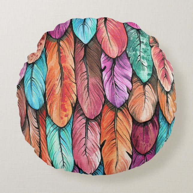 Bird feathers, watercolor, seamless pattern. round cushion (Front)