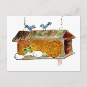 Bird Feeder and Orange Tiger Cat Postcard