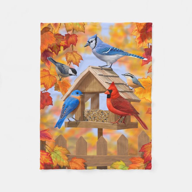 Bird Feeder Gathering Autumn Fleece Blanket (Front)