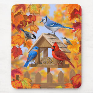Bird Feeder Gathering Autumn Orange Mouse Mat