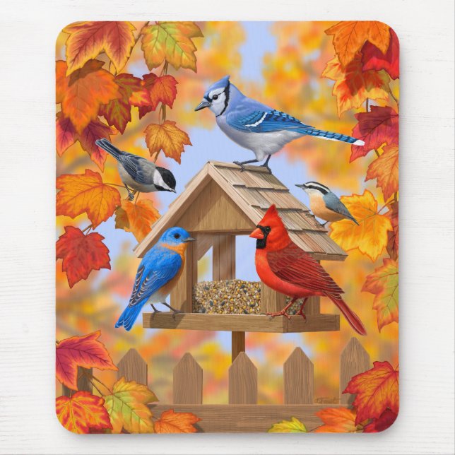 Bird Feeder Gathering Autumn Orange Mouse Mat (Front)