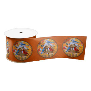 Bird Feeder Gathering Autumn Orange Satin Ribbon