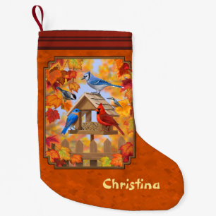 Bird Feeder Gathering Autumn Orange Small Christmas Stocking