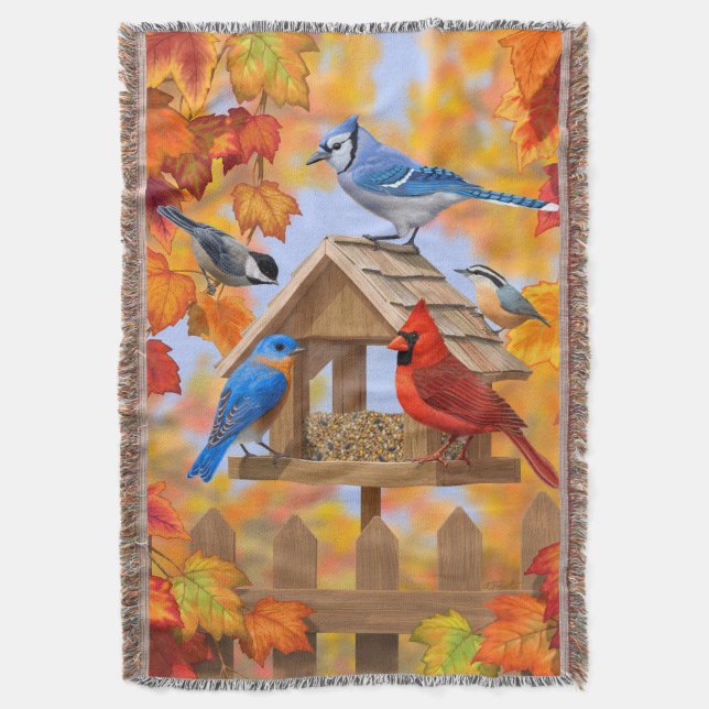 Bird Feeder Gathering Autumn Throw Blanket (Front Vertical)