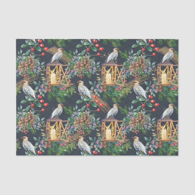 Bird finch, Christmas greenery, red berry, candles Tissue Paper (Front)