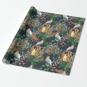 Bird finch, Christmas greenery, red berry, candles Wrapping Paper