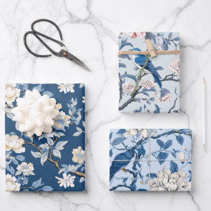 Bird Floral Chinoiserie Blue White Wrapping Paper Sheet
