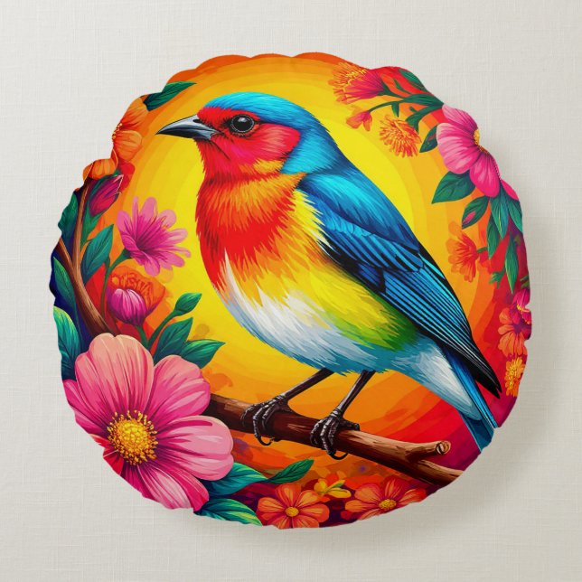 🌸 Bird Floral Spring Home Decor 🐦✨ Round Cushion (Front)