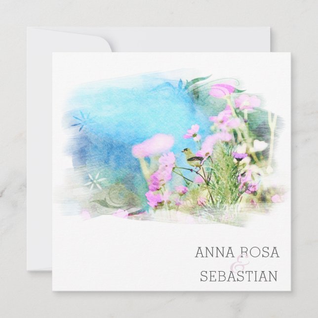 *~* Bird Flower AR12 PHOTO RSVP + QR Wedding Invitation (Front)