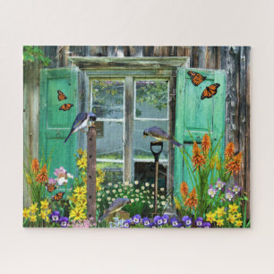 Bird Flower Garden Rustic Shed Jigsaw Puzzle