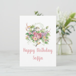 Bird Flower Green Rose Watercolor Card