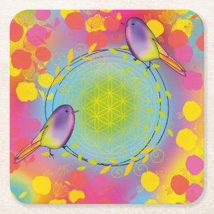 Bird, flower of life,flower, animal, yellow, square paper coaster
