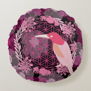 Bird flower of life round cushion