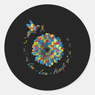Bird Flower Ribbon Puzzle Live Love Accept Autism Classic Round Sticker