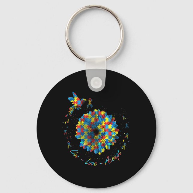 Bird Flower Ribbon Puzzle Live Love Accept Autism  Key Ring (Front)
