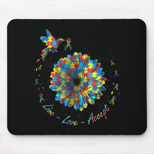 Bird Flower Ribbon Puzzle Live Love Accept Autism  Mouse Mat (Front)