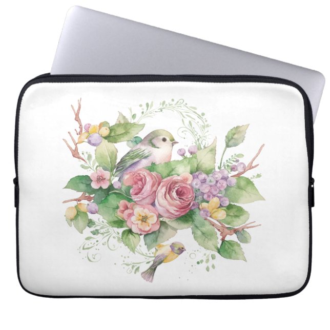 Bird flower watercolor laptop sleeve (Front)