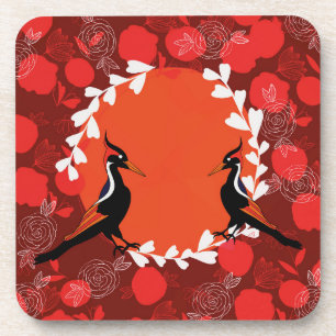 bird, flowers,green,natural, animal,red coaster