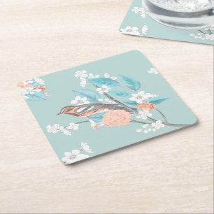 Bird & Flowers Square Paper Coaster