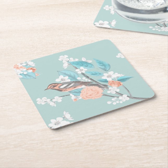 Bird & Flowers Square Paper Coaster (Angled)