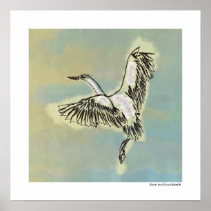 Bird Flying Blue Brown Crane Line Art Drawing Poster