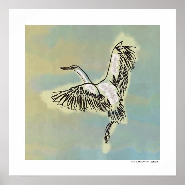 Bird Flying Blue Sky Original Deco Painting Print (Front)