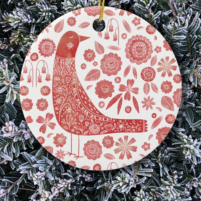 Bird Folk Art Ceramic Tree Decoration (Nordic Scandinavian bird red and white Christmas ornament)