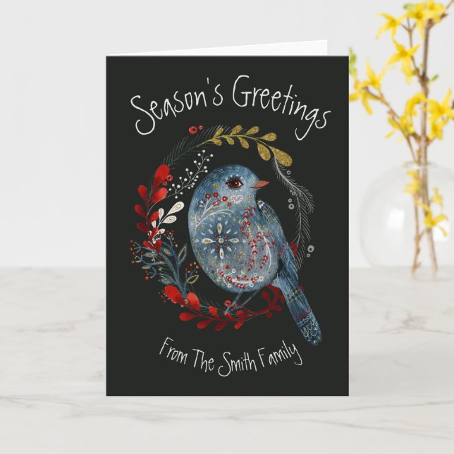 Bird Folk Art Christmas Card Season's Greetings (Yellow Flower)